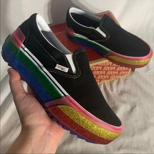 Vans Classic Slip On Stacked Platform Black White Multi Rainbow New Womans Shoes